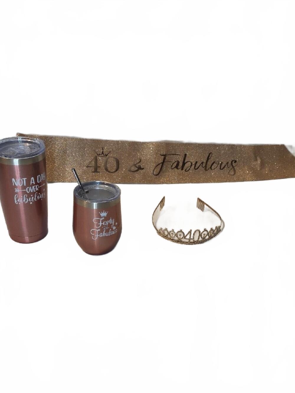 Rose Gold "40 & Fabulous" Party Sash and Tumbler Set